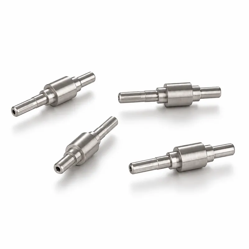 Four stepped motor shafts with collars on a clean white background
