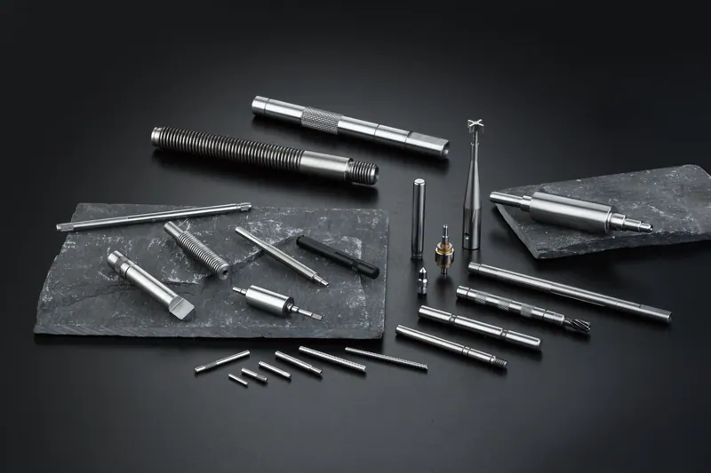 Assorted precision shafts and turned components on a dark background